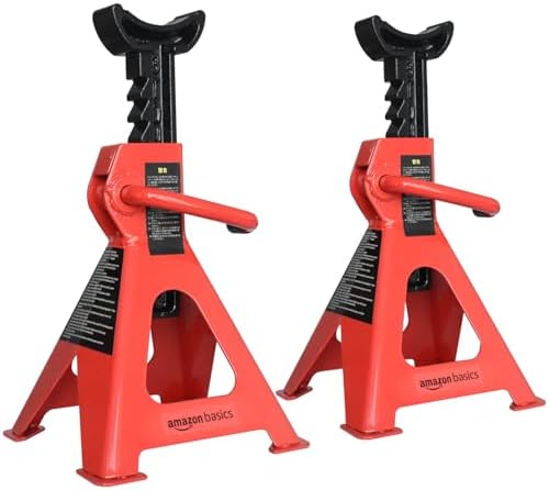 Amazon Basics Steel Jack Auto Stands, 3 Ton (2.7 metric Ton) Capacity, Easy to Use, Adjustable Height, 6,000 lb, 1 Pair, Black and Red(For Sedans and Urban SUVs)