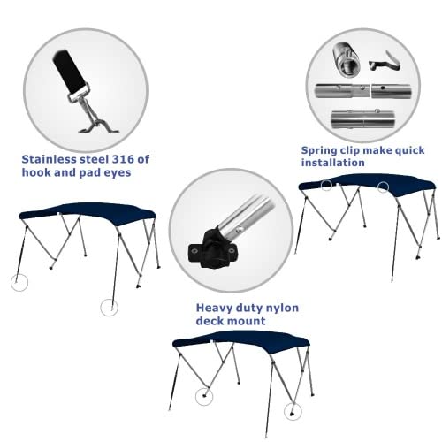 Bimini Top Deluxe Sonnenschutz mit 3 Armen, Aluminium, L183xH117cm, Verschiedene Breiten, dunkelblau Bootsverdeck Bootabdeckung Sonnenverdeck Biminitopgröße BxLxH: 137-152x183x117 cm