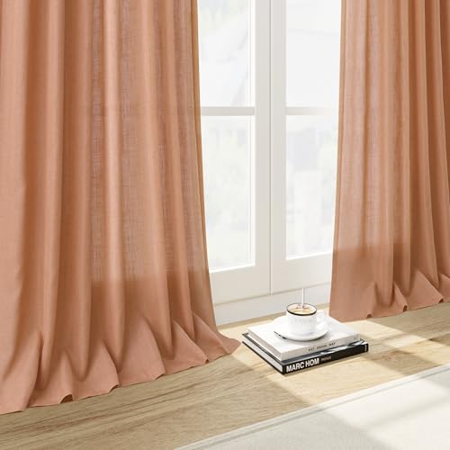 Image of Nanspring Peach Quartz Curtains 84 Inch Long 2 Panels Set Back Tab Rod Pocket Linen Blend Light Filtering Semi Sheer Boho Style Curtain Textured Curtain for Cozy Bedroom and Living Room Decor 52x84