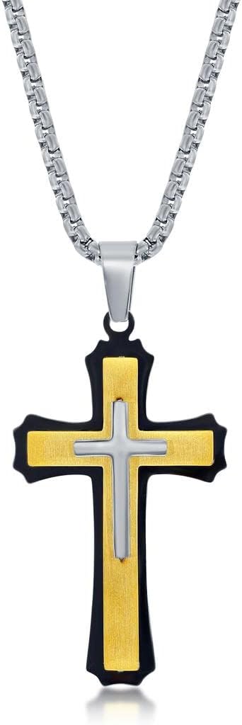 Men’s 3D Cross Pedant Necklace | Black & Blue/Gold & Silver Stainless Steel 24” Round Box Chain Necklace | Religious Jewelry for First Communion, Baptism, or Confirmation