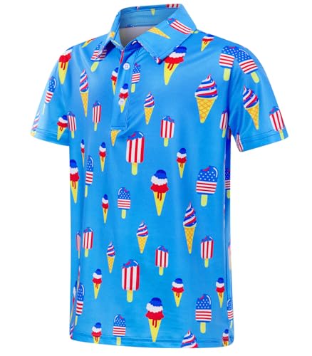 Cuddomper Boys Polo Shirt 4th of July Ice Cream Short Sleeve Golf American Flag Clothes Independence Day Performance Dry Fit Tops Size 5-6 for Active Casual