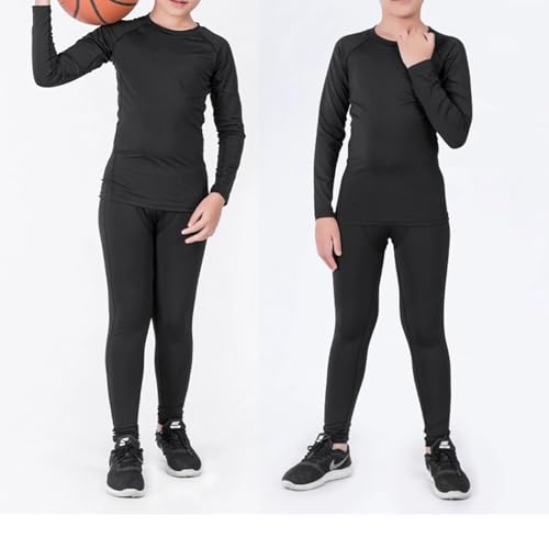 Holimaid Kids Boys Thermal Underwear Long Sleeve Base Layer Sets Athletic Compression Suit Ideal for Football Sports Performance (Black, 160)