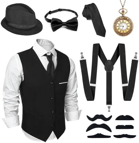 Alintor 20er Jahre Kostüm Herren, FaschingsKostüme Männer, Mafia Karneval Kostüm Herren, Peaky Blinders Kostüm, 20er Jahre Accessoires Panama Hut Weste Krawatte Fliege Hosenträger
