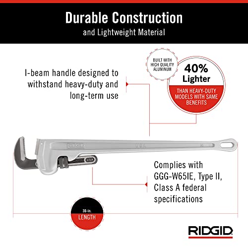 RIDGID 31110 Model 836 36" Aluminum Straight Pipe Wrench with 5" Pipe Capacity, 40% Lighter Aluminum Straight Plumbing Wrench with I-Beam Handle by RIDGID - Image 4