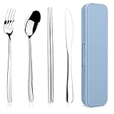 Rsiynax 5 Piece Portable Travel Utensils Set with Case, Premium 304 Stainless Steel Camping Utensils Set, Reusable Silverware for Camping, Lunch, Work, School, etc, Easy to Clean (Silver)