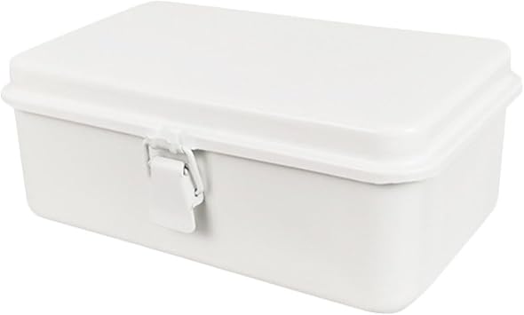 Vintage Metal Toolbox with Lock, White Desktop Tool Container and Notepad Storage Box for Workshop and Home Organization