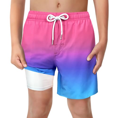 LUCOWEE Boys Bathing Trunks Boxer Brief Lined Anti Chafe Quality Swimming Shorts Swimsuits Stretchy Light Weight Quick Dry UPF 50+ Water to Land Pink Blue Ombre Size 10-12