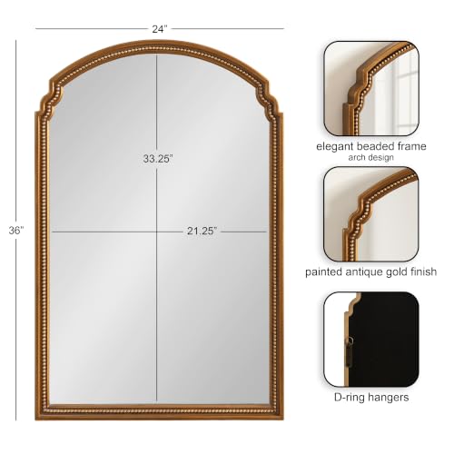 Image of Kate and Laurel Lockland Vintage Beaded Arch Wall Mirror, 24 x 36, Gold, Traditional Vintage Arched Bathroom Mirror for Over Sink for Use as Living Room Wall Decor
