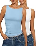 Simlakey 2 Pack Women Tank Tops Boat Neck Slim Fit Tops Open Back Crop Shirts Sleeveless Padded Summer Going Out Basic(Baby Blue, White,M)