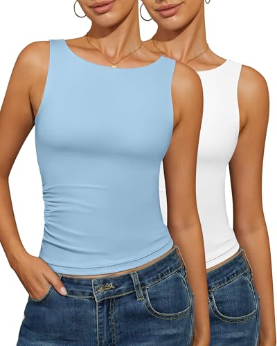 Simlakey 2 Pack Women Tank Tops Boat Neck Slim Fit Tops Open Back Crop Shirts Sleeveless Padded Summer Going Out Basic(Baby Blue, White,M)