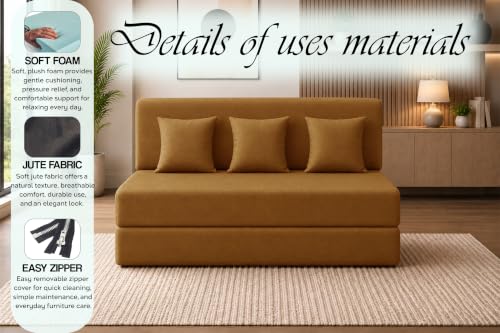 Image of Sofa Cum Bed with Jute Fabric, Convertible Three Seater Sofa Bed 5x6 Ft, Comfortable Cushioned Seating, Space Saving Design for Living Room, Bedroom & Guest Room - Golden Color
