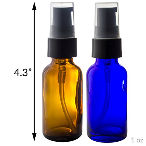 Amber & Cobalt Blue Glass Bottles Treatment Pump 20 PCS Set Kit- Includes 5-1 oz Amber Bottle, 5-2 oz Amber Bottle, 5-1 oz Cobalt Blue Bottles, 5-2 oz Cobalt Blue Bottles + 2 Pipettes,1 bottle brush2