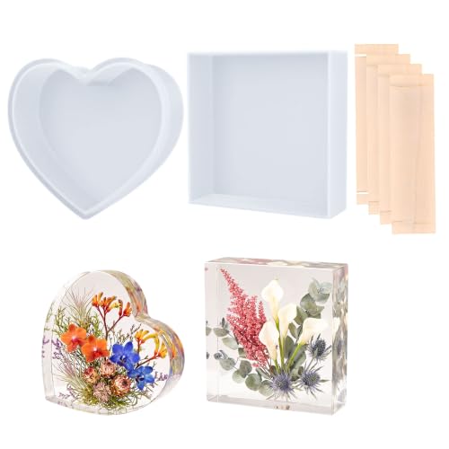 Large Resin Silicone Molds 2 Pcs Heart and Square Deep Epoxy Resin Molds with Wooden Supports Reusable Silicone Casting Molds for Dried Flowers DIY Keepsakes Home Decor Handmade Gifts