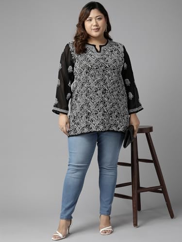 Image of Ada Women's Georgette Regular Fit Chikankari Hand Embroidered Lucknow Short Kurti Top A911224