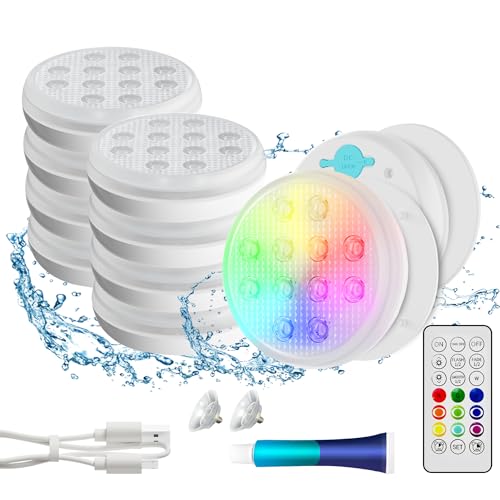 QOLNBY Pool Lights(8 Pack), Rechargeable Submersible LED Lights, IP68 Waterproof Underwater Lights,16 Color Changing Floating Lights with Remote, Magnets, Suction Cups for Bathtub,Pond,Party by QOLNBY - Used condition - US$51.11