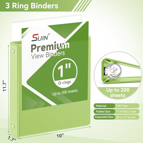 Image of SUIN 1 Inch 3 Ring Binder, Clear 1'' View Presentation Binders with 2 Pockets, Fits 8.5 x 11 Letter Size, Durable Polypropylene, Non-Stick & PVC-Free for School, Office & Home (Kelly Green)