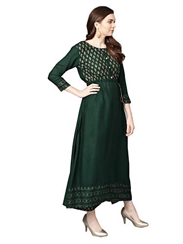 Image of Ishin Women's Viscose Rayon Green Printed Anarkali Kurta suit set with Palazzos