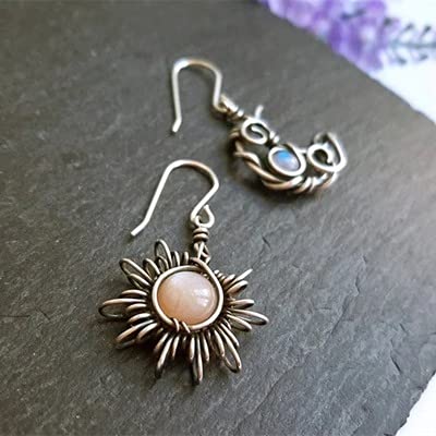Boho Retro Opal Sun and Moon Dangle Earrings - Vintage Silver Asymmetry Moon Star Sun Dangle Drop Earrings With Black Moonstone - Hypoallergenic Statement Jewelry3