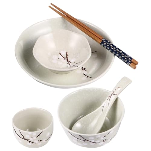 SWETRACE 1juego Vajilla Japonesa para Persona de Plato Taza Cuenco Cuchara y Palillos con Diseño de Cerezo de Cerámica para Uso Diario Regalo para Casa o Estudio