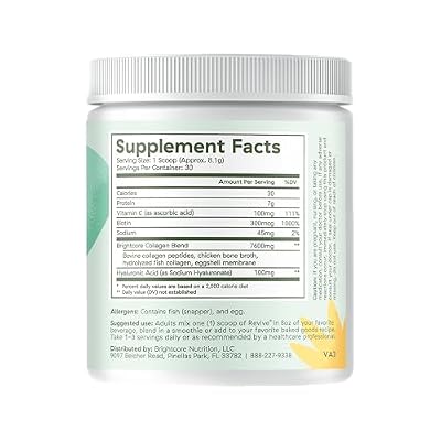 Brightcore Nutrition Revive Multi Collagen Protein Powder with Vitamin C and Hyaluronic Acid, Non-GMO, Gluten-Free Collagen Powder for Women and Men, Unflavored, 30 Servings