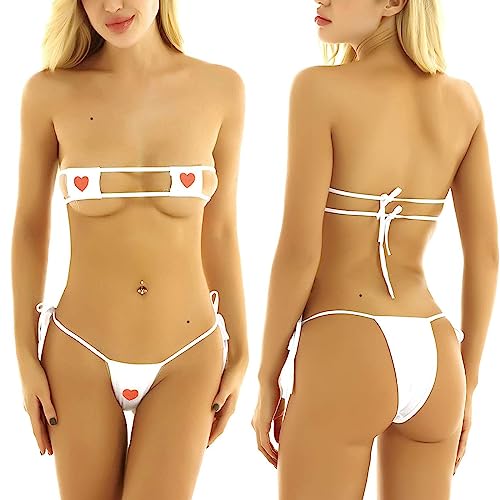 Biquíni feminino Kawaii coração bordado bandeau minúsculo cordão deslizante tanga lateral anime cosp