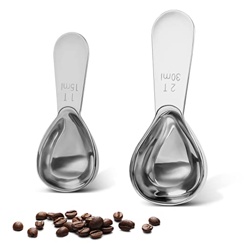 Stainless steel coffee scoop 2-piece set (1 tbsp, 2 tbsp) durable Tablespoon, ergonomic measuring spoon, Suitable for small and large jars，short-handled spoon (Silver)