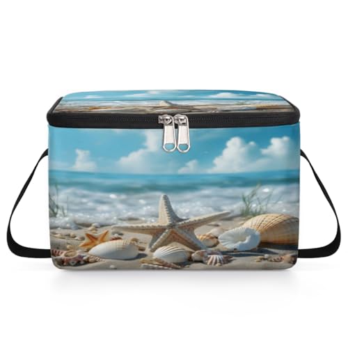 GzLeyigou Starfish Beach Seashell Lunch Bags for Women Men 9 Cans, Hot & Cold Food Delivery Bag Insulated Grocery Bag Insulated Lunch Box Summer Cooler Bag for Office Work Picnic Beach