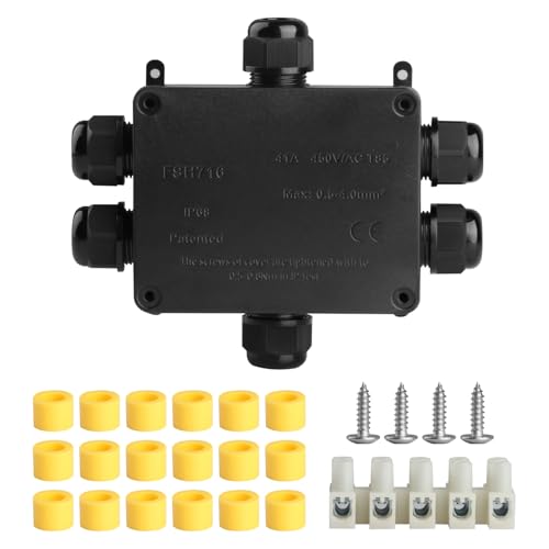 1 PcsCaja Estanca Exterior Electrica, Caja Electrica Exterior de 6 Vías, Caja Conexiones Estanca Impermeable IP68, Cajas Estancas Electricidad Cables Electricos Ø4-14 mm, con accesorios, Negro