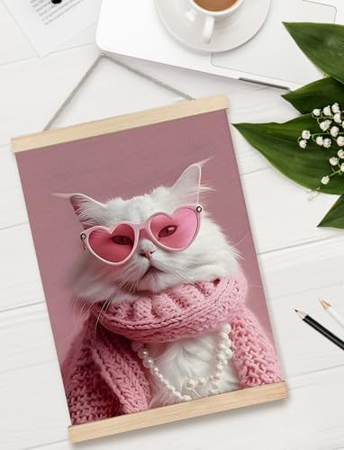 XUNLURY Trendy White Cat Poster Hanger Frame, Cat Mom Lover Gifts Canvas Wall Art, Glam Fashion Funny Pink Sunglasses Kitten Wall Decor for Girls Bedroom Home Dorm, 12x16 Inch — view 6
