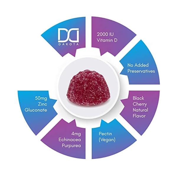 Dakota 120 Gummies Zinc 50mg Supplements Chewable Gummies w Vitamin D3 Echinacea Vitamins for Adults Kids, Zinc Gummy Immune Support