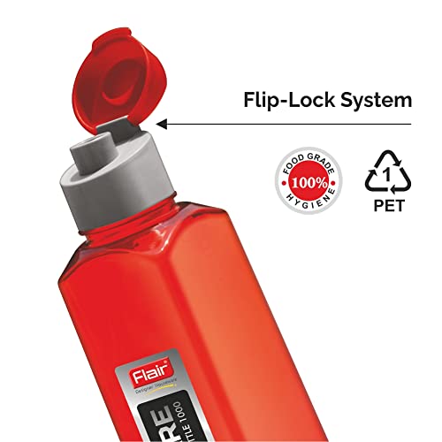 Image of Flair Square PET Water Bottles with Fliptop Lid Set of 6 Pcs 1000 ML (RED)
