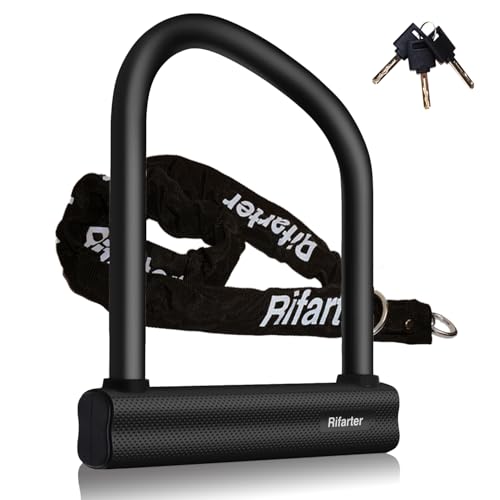 Rifarter Bike Locks Heavy Duty Anti Theft, 18mm Thick Motorcycle Wheel U Lock with 6mm x 4FT Chain, Large U Shaped Motorcycle Chain Lock with 3 Keys for Bicycles, Mopeds, Scooter, Ebike, Fat-Tire