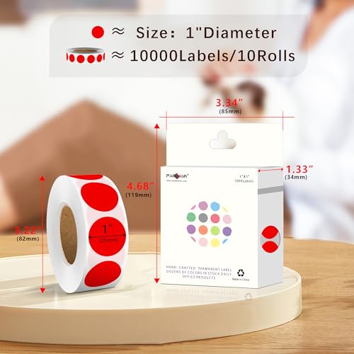 PARLAIM 1 Inch Round Color-Code Dot Stickers,10000per/10 Rolls dots Label Dispenser Box, Red Circle Stickers Label for Office Home (Red) by PARLAIM - Used condition - Image 2