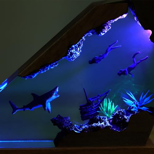 Image of Drawelry Ocean Creative Epoxy Resin Wood Light Lamp, Handmade Multi Color Aquatic Ocean Lamp Deep Sea Cave Diving Enthusiasts Led Night Light Desktop Decor Birthday Gift (White Shark, M)