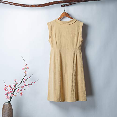 Loijon Mulheres verão vestido de linho de algodão cor sólida v pescoço sem mangas botão bolso casual