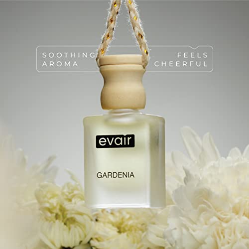 Image of Evair Gardenia Car Air Freshener | Hanging Car Perfume | Premium Car Fresheners | Car Aroma with Essential Oils| Hanging Perfume for Car in Glass Bottle with Wooden Diffuser Lid (10ml, Pack of 1)