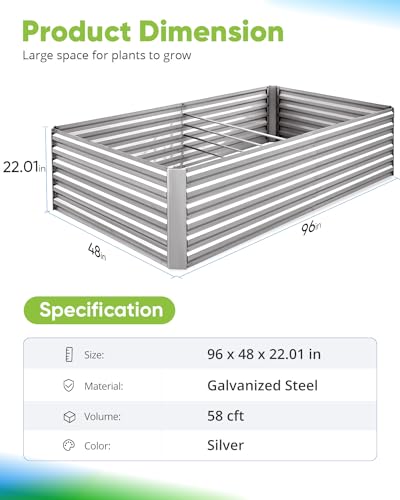 Quictent Galvanized Raised Garden Bed 8x4x2 Ft Tall Metal Planter Box for Vegetables Outdoor Bottomless for Backyard, 2 Tomato Cages Included, 22.04\" Deep (Silver)