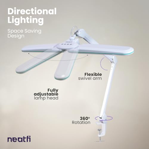 Image of Neatfi Elite HD XL LED Desk Lamp | 3 Light Modes | Non-Polar Dimming | 17 Inches Wide | Eye-Caring Desk Light for Home Office, Drafting, Beauty Shop, Workbench (Blue Ring, CCT with Clamp)