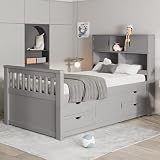 Bellemave Twin Size Captain Bed with Bookcases and 4 Drawers, Wooden Platform Bed with Storage Shelves, Grey