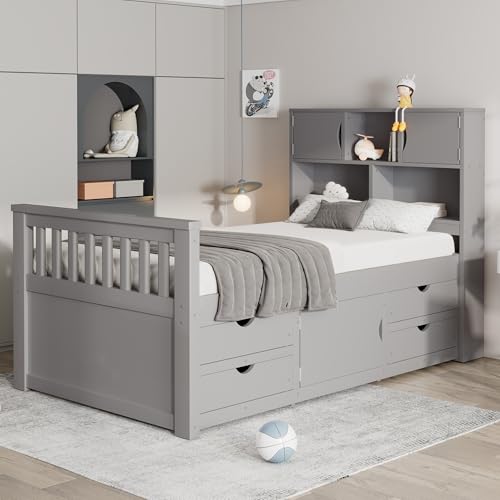 Bellemave Twin Size Captain Bed with Bookcases and 4 Drawers, Wooden Platform Bed with Storage Shelves, Grey