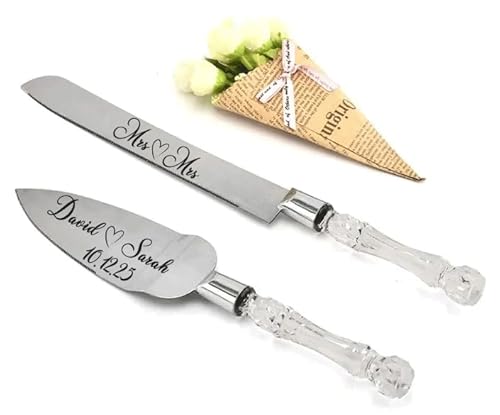 Mandore Designs Engraved Crystal Cake Server & Slicer Set – Personalised for Weddings, Brides & Grooms, Anniversaries & More