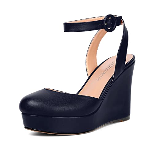 ROSERWISH Womens Round Toe Platform Fashion Ankle Strap Buckle Matte Sexy Party Wedge High Heel Pumps Dress Shoes 4 Inch