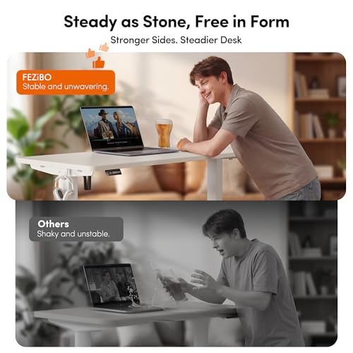 Image of FEZIBO 55 x 24 Inchs Electric Standing Desk, Height Adjustable, Sit Stand Up, Computer Office Desk with Splice Board, White Frame /White Top