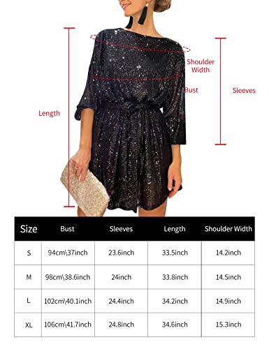 Rxozrxoz Women's Sexy Long Sleeve Sequin Sparkly Glitter Party Dress Long Sleeve Loose Fit Cocktail Bodycon Short Dress With Belt(Black-M) #TOP6