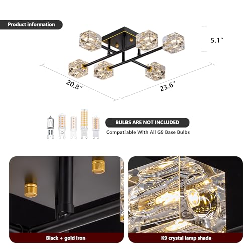 OKES Semi Flush Mount Ceiling Light Fixture,6-Light Modern Crystal Chandeliers,Black and Gold Farmhouse Lighting Fixtures for Dining Room Living Room Kitchen Bedroom Entryway by OKES - Used condition - Image 4