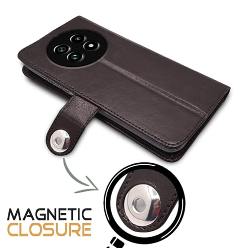 Image of Pikkme Flip Cover Leather Finish | Inside TPU with Card Pockets | Wallet Stand and Shock Proof | Complete Protection Button Flip Case for Realme 13 Pro 5G / Realme 13 Pro Plus 5G (Coffee)