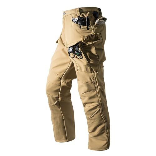 Mens Utility Work Pants Cargo Trousers Fleece Lined Carpenter Slacks Tool Pockets Stretch Warm Winter for Guys Khaki