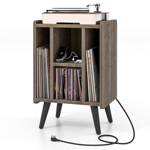 GIANTEX Mesa Auxiliar para Tocadiscos con Estación de Carga, Mesilla de Noche con Compartimentos de Almacenamiento de Vinilo, Estante de Exhibición de Discos para Salón, Dormitorio (Gris Roble)