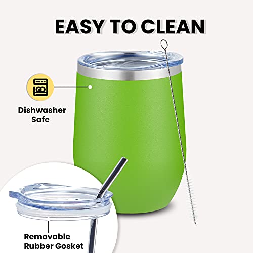 Coktik 12Oz Wine Tumbler With Lid Stemless Insulated Wine Glasses Double Wall Vacuum Stainless Steel Travel Tumbler For Cold & Hot Drinks Wine Coffee Cocktails, Fruit Green #TOP3