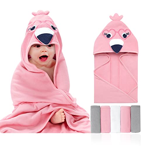 Image of SYNPOS Baby Girl Hooded Bath Towels, Soft Newborn Animal Hoodie Towel with 5 Washclothes, Absorbent and Non-Balling Cotton Toddler Infant Girls Bath Blanket (Flamingo, 30.00" x 30.00")